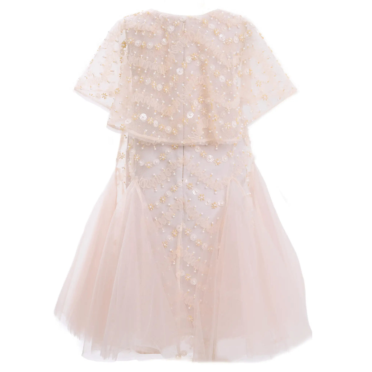 Beaded Cape Godet Mesh Dress