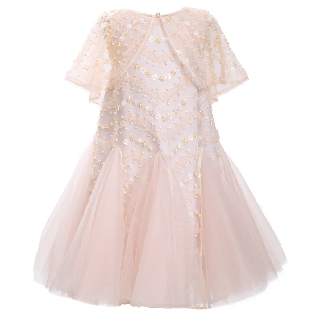 Beaded Cape Godet Mesh Dress