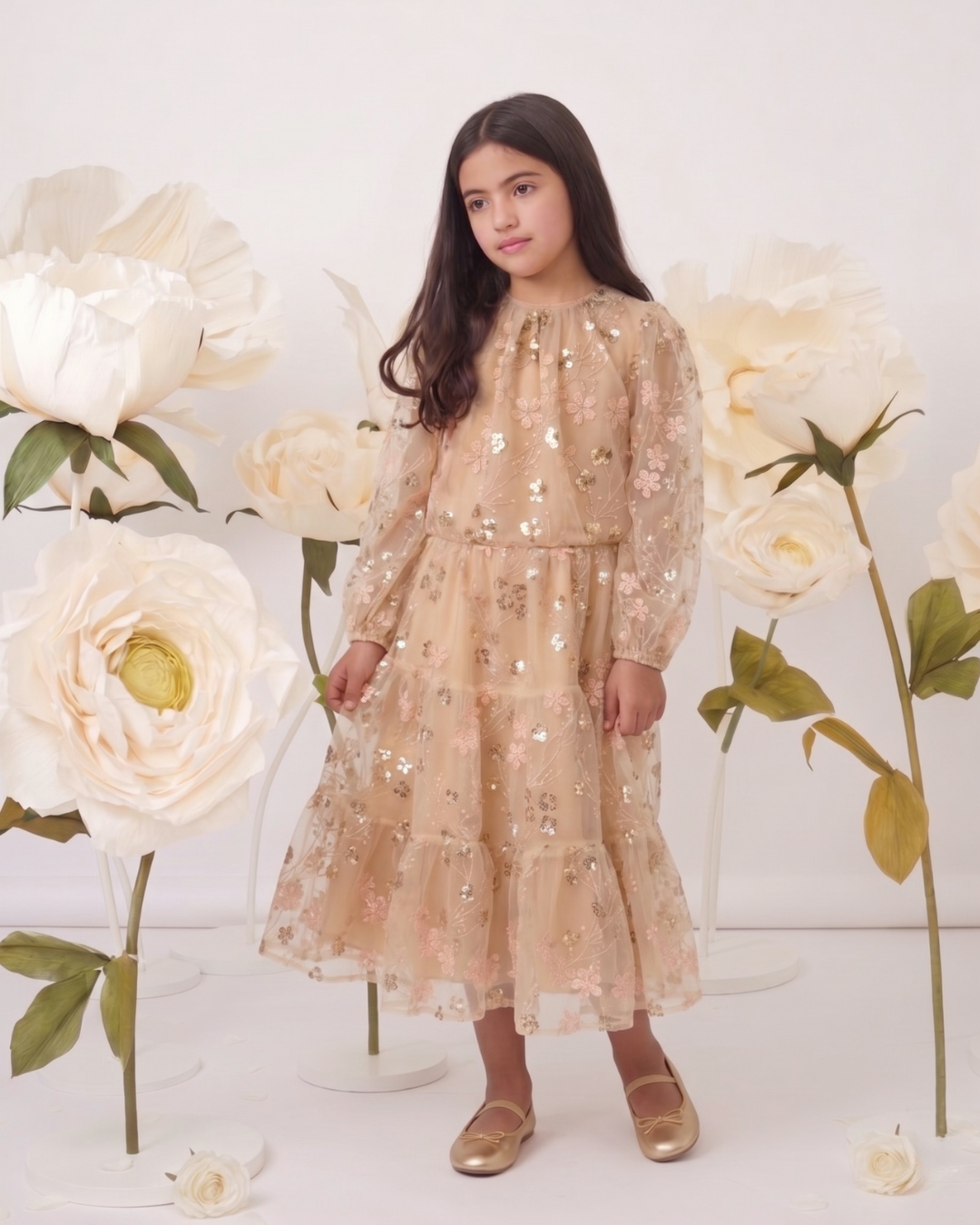 Gold Embroidered Sequin Mesh Maxi Co ord