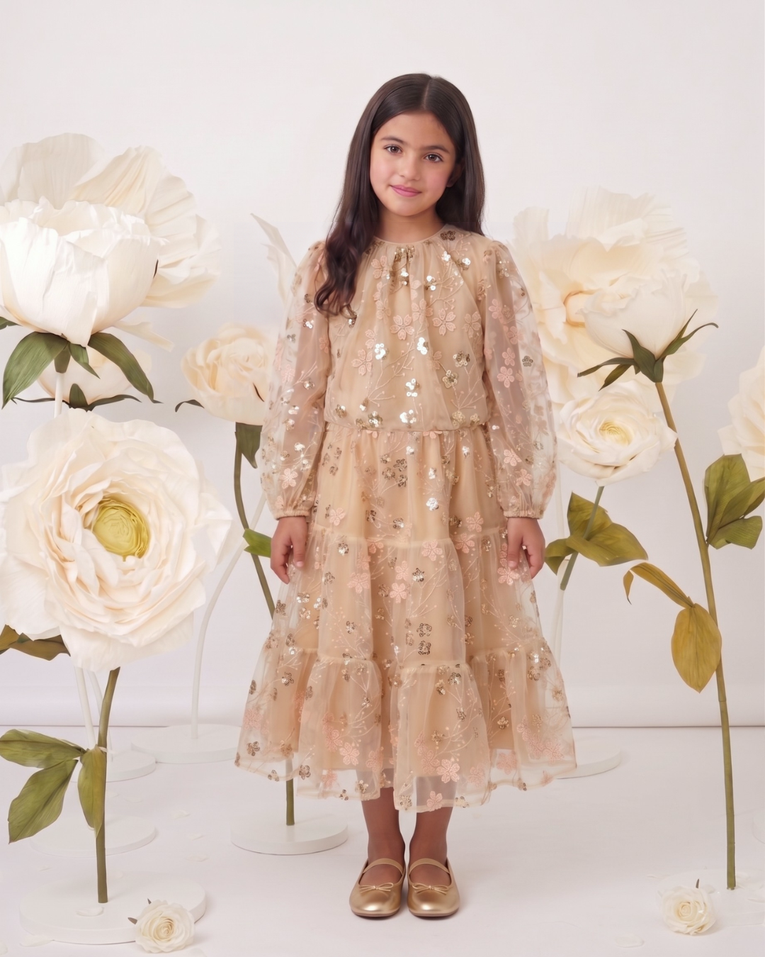 Gold Embroidered Sequin Mesh Maxi Co ord