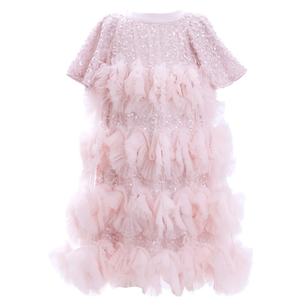 Pink Sequin Ruffle Pleat Dress