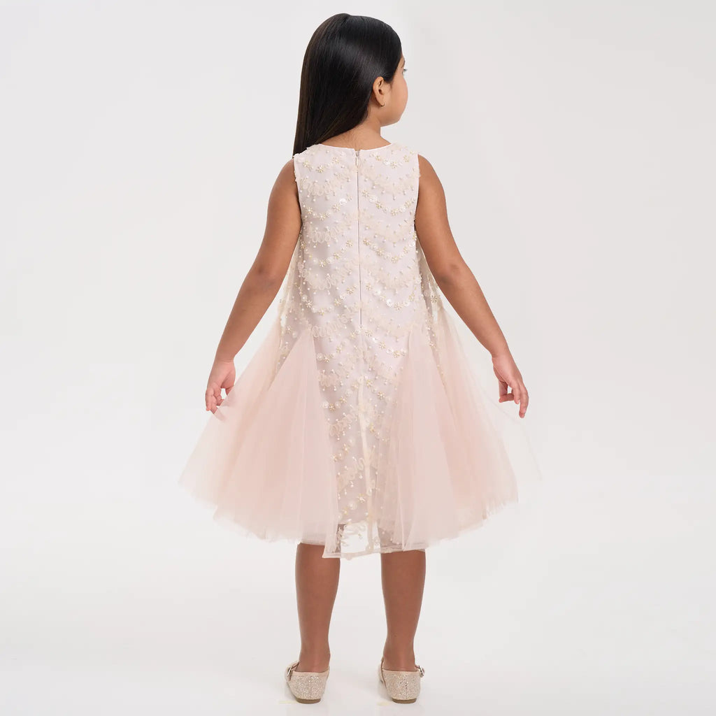 Beaded Cape Godet Mesh Dress