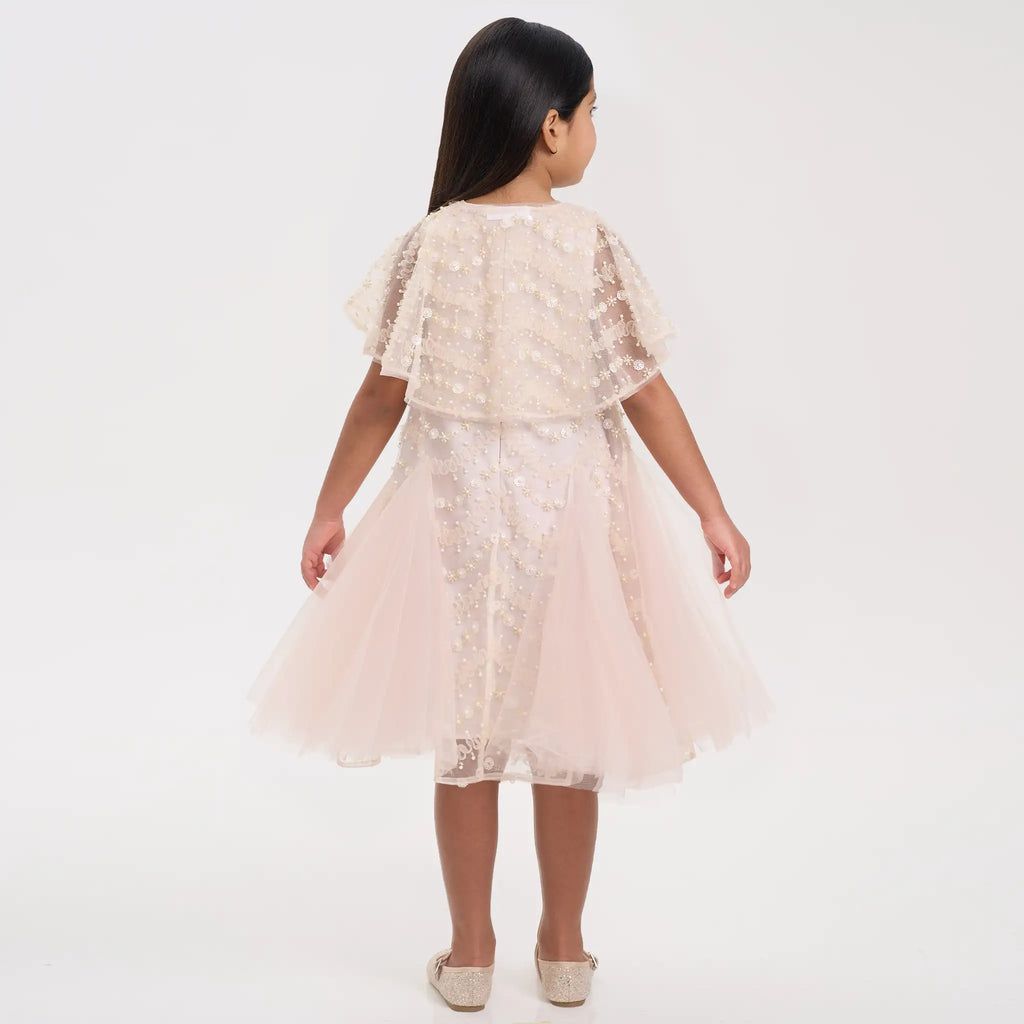 Beaded Cape Godet Mesh Dress