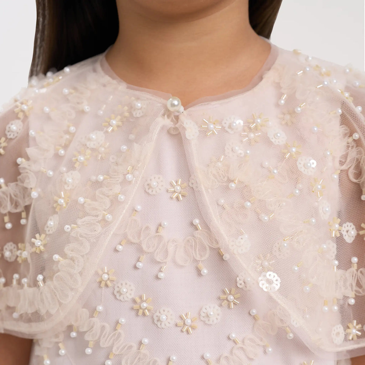 Beaded Cape Godet Mesh Dress