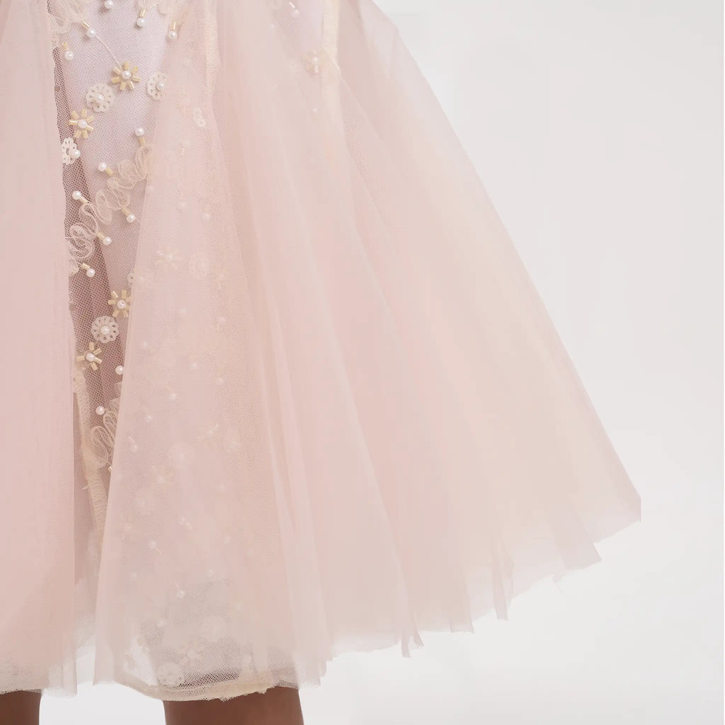 Beaded Cape Godet Mesh Dress