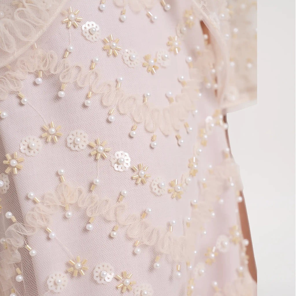 Beaded Cape Godet Mesh Dress