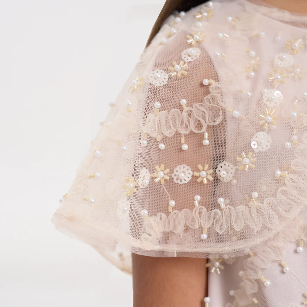 Beaded Cape Godet Mesh Dress