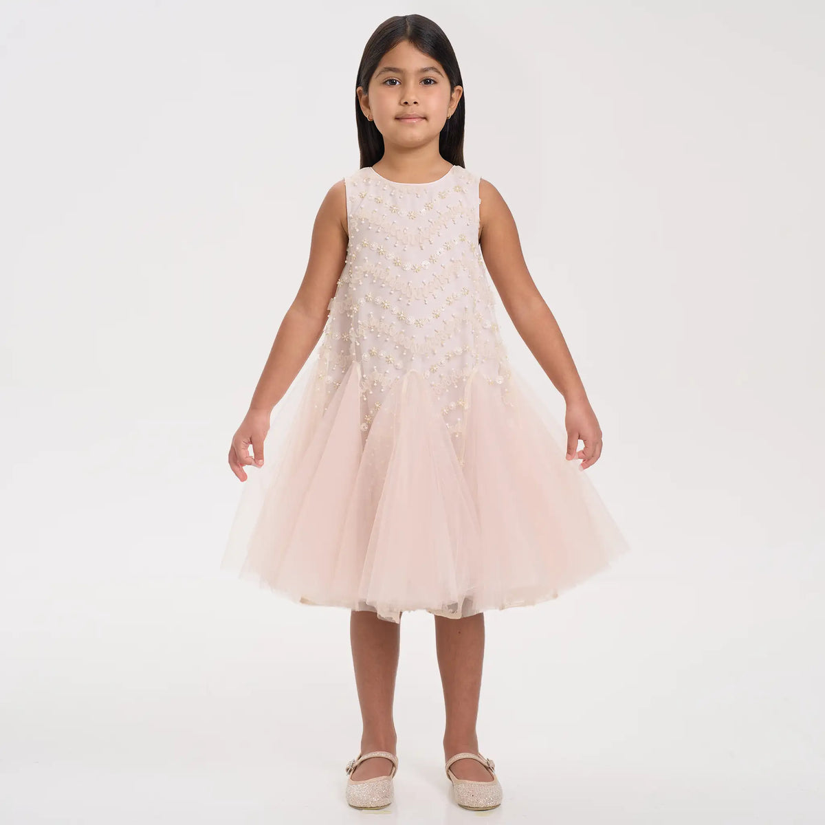 Beaded Cape Godet Mesh Dress