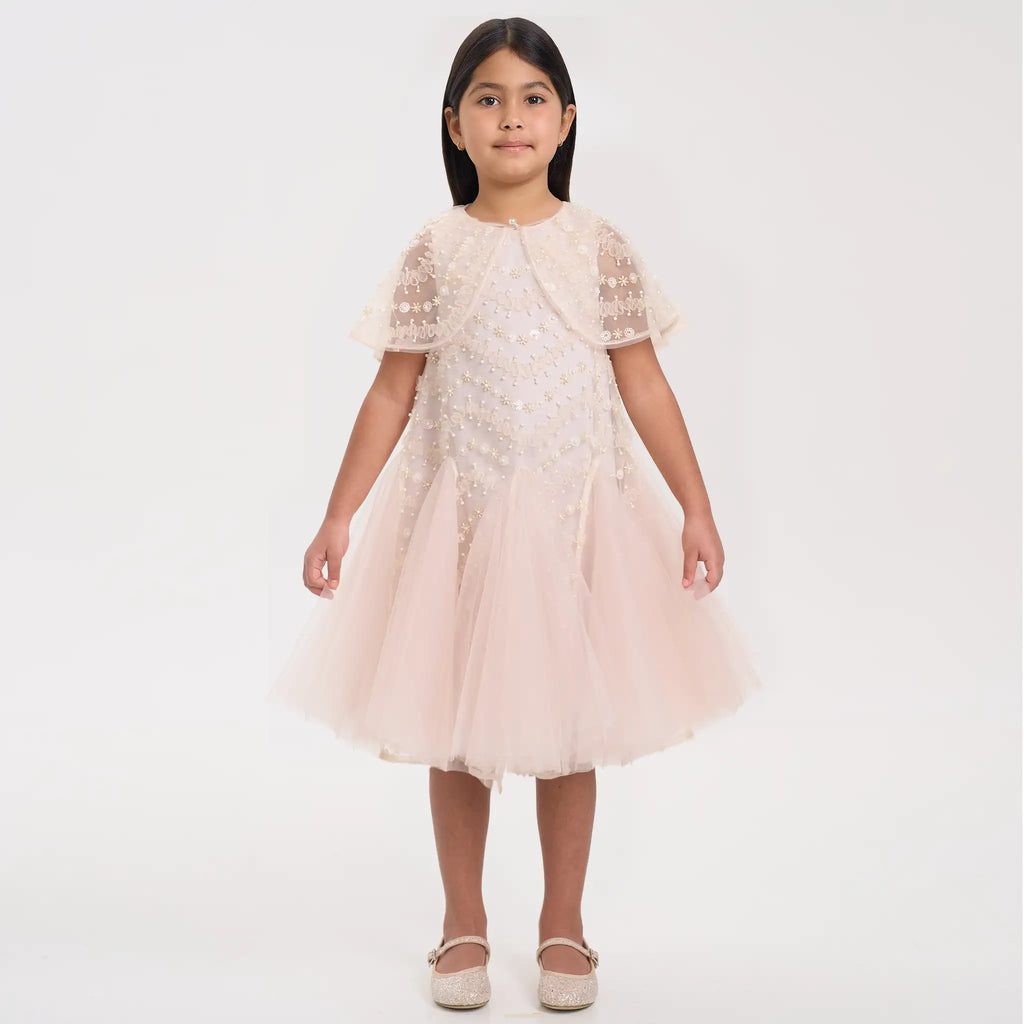 Beaded Cape Godet Mesh Dress