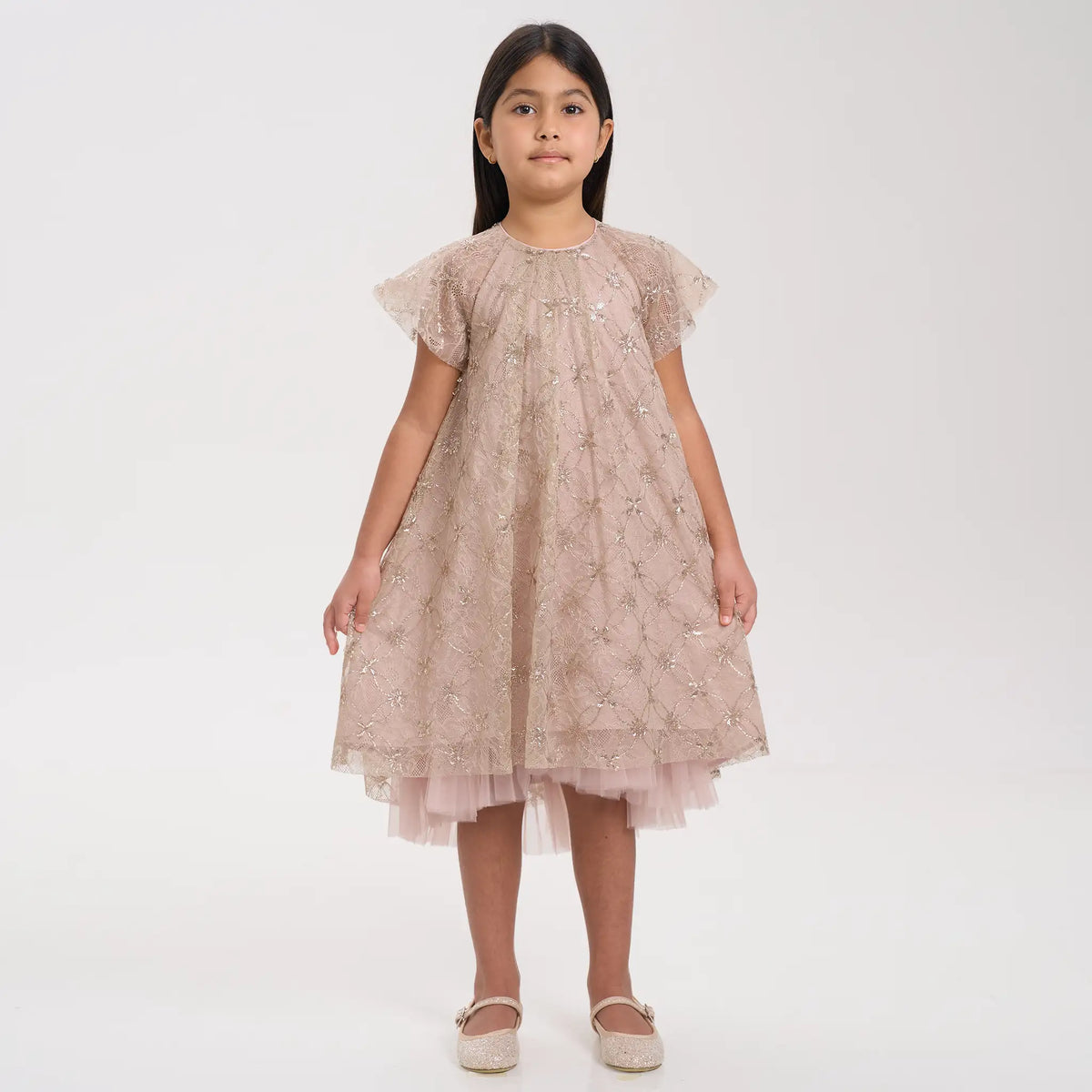 Gold Sequin Lace Mesh Volume Dress