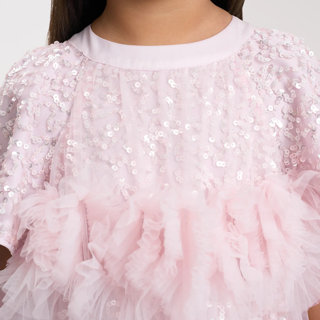 Pink Sequin Ruffle Pleat Dress