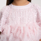 Pink Sequin Ruffle Pleat Dress