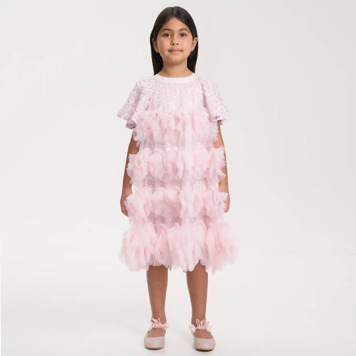 Pink Sequin Ruffle Pleat Dress